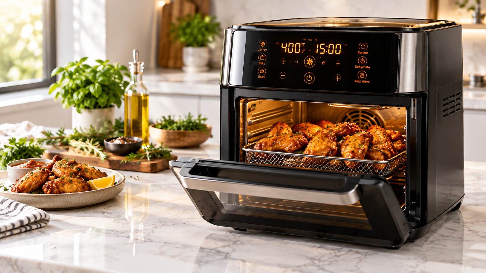 Best smart air fryer oven for healthy meals on a white marble kitchen counter