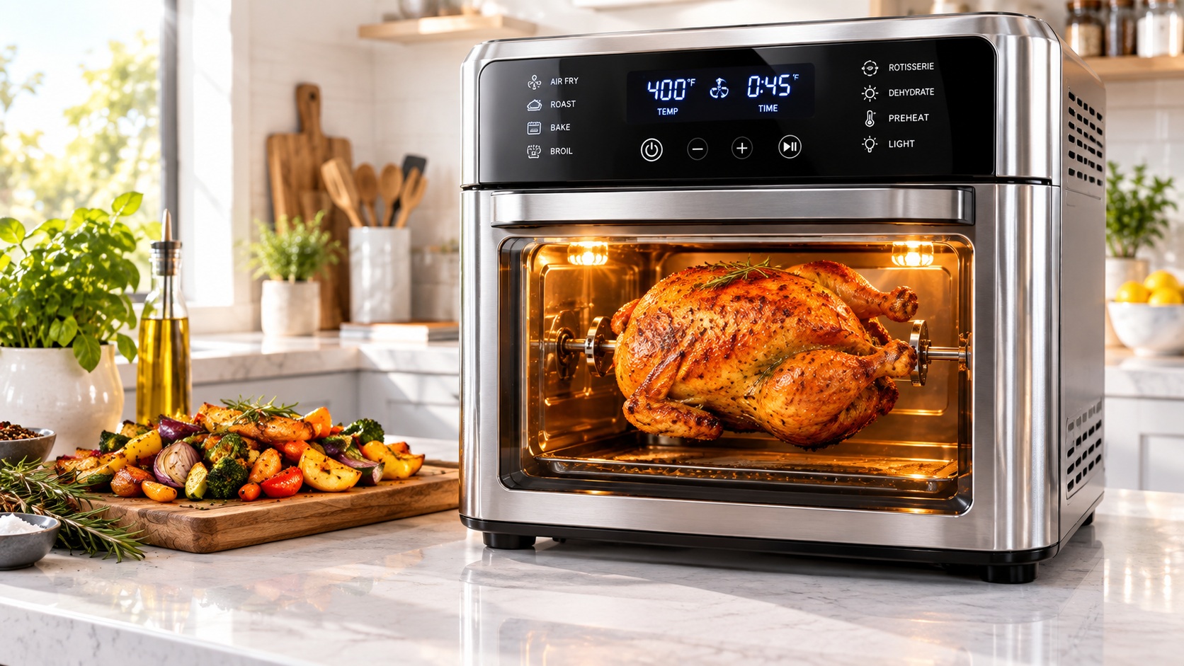 Best smart air fryer oven for versatile cooking with a rotisserie chicken inside