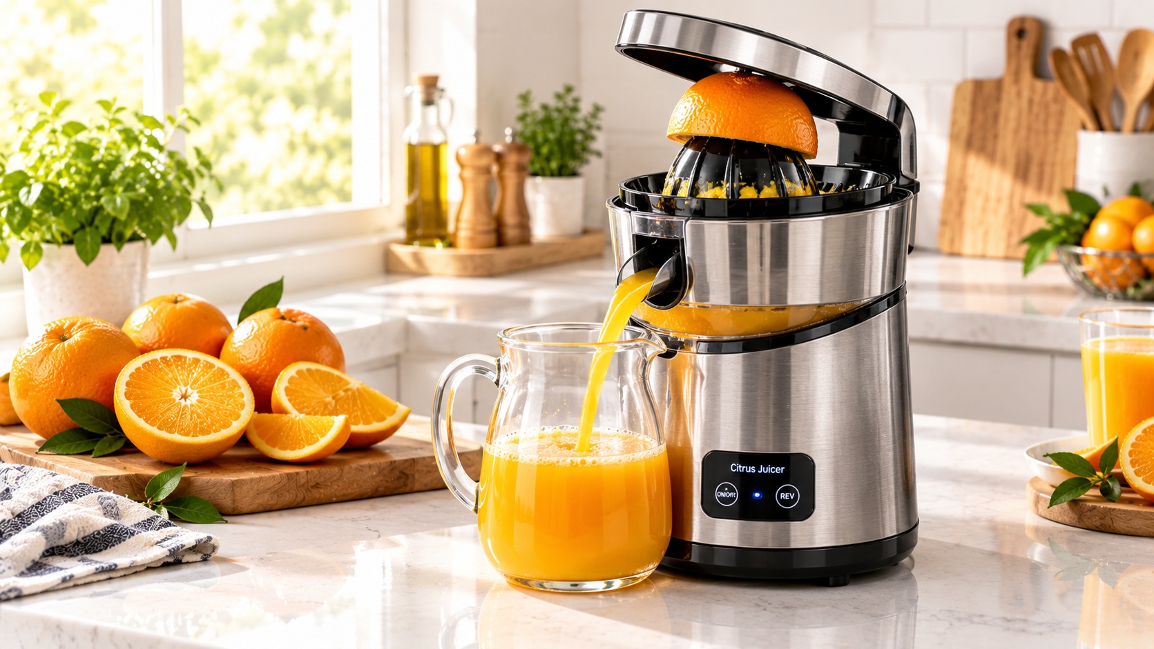 Best smart citrus juicer for fresh juice pouring orange extract into a glass