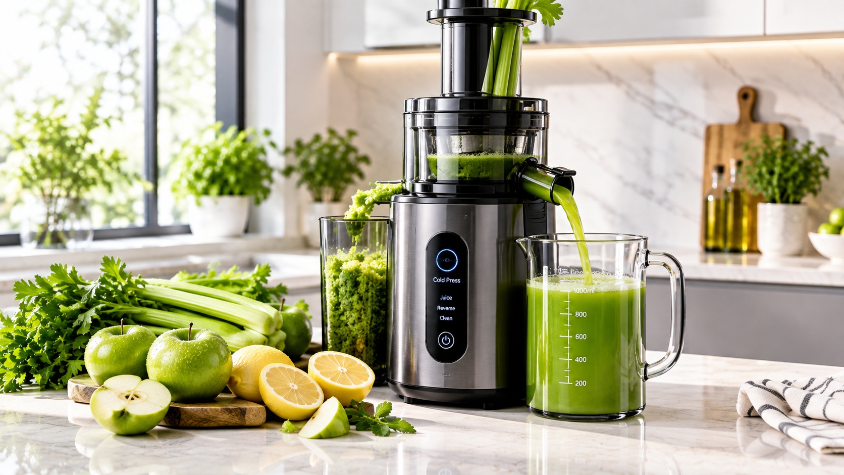 Best smart cold press juicer for nutritious juice extraction on a kitchen counter