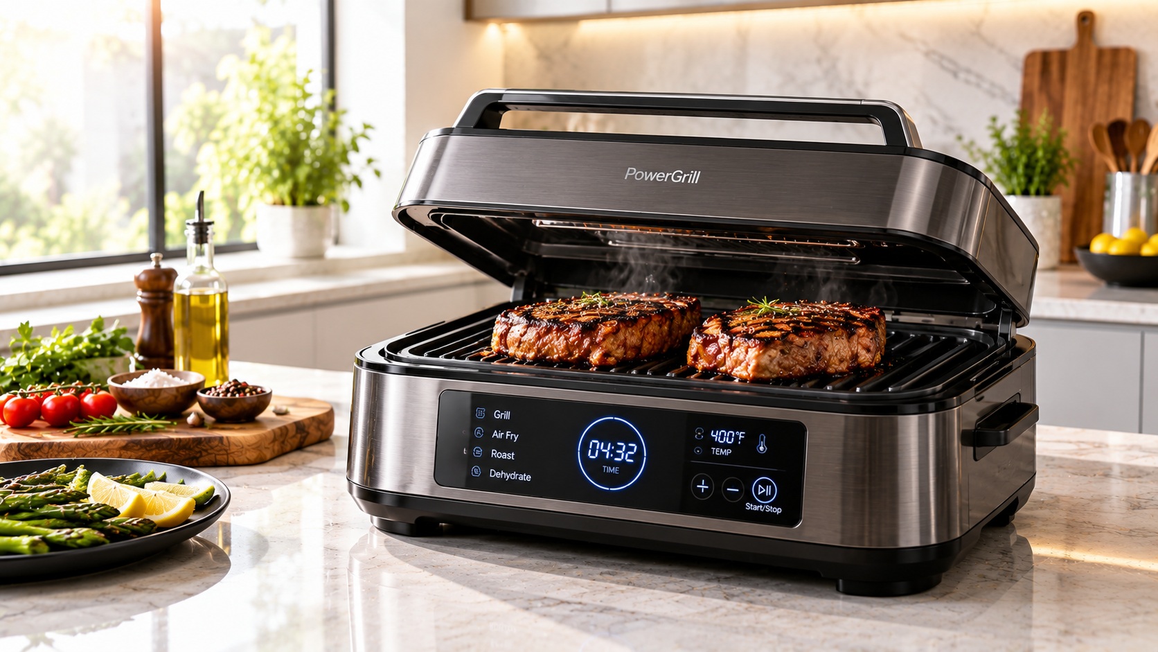 Best smart electric grill for perfect steaks operating on a clean kitchen counter