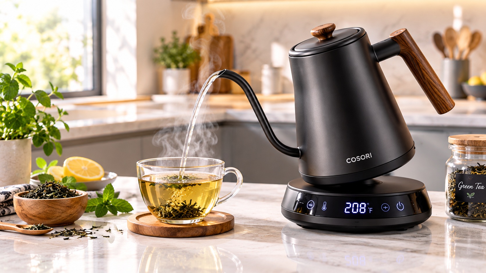 Best smart electric kettle for perfect tea brewing operating on a clean kitchen counter
