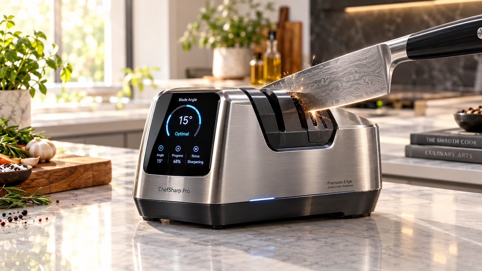 Best smart electric knife sharpener for precision slicing operating on a clean kitchen counter