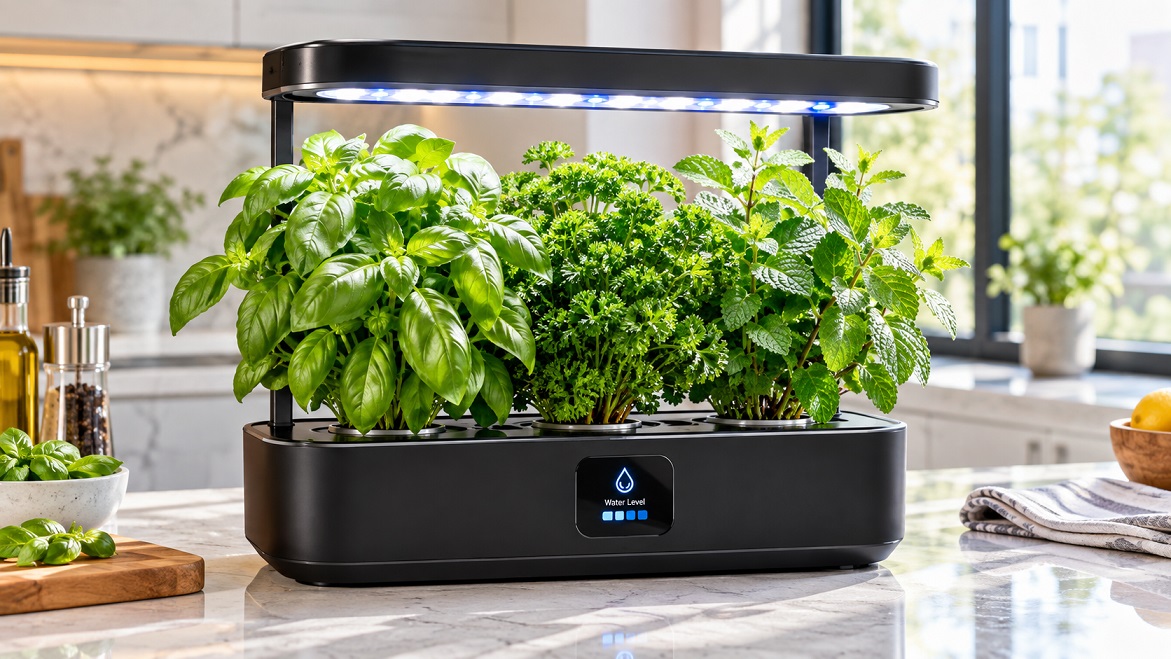 Best smart indoor garden for fresh herbs growing inside a modern kitchen kitchen counter