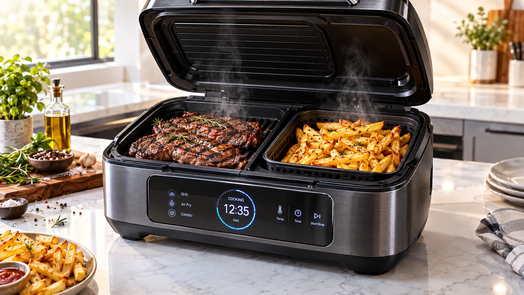 Best smart indoor grill air fryer for crispy food operating on a clean kitchen counter