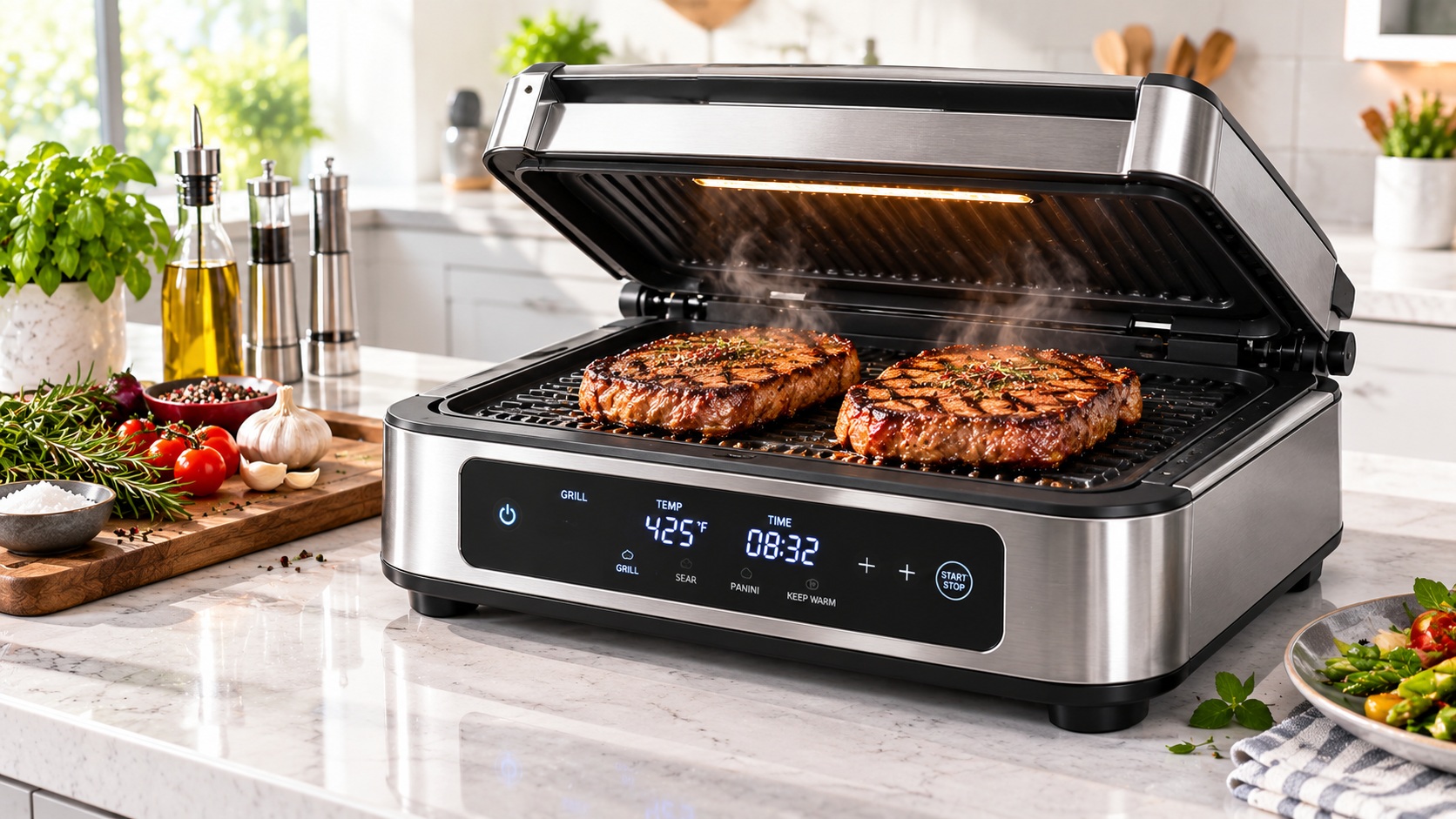 Best smart indoor grill for perfect steaks with grilled beef on the grate