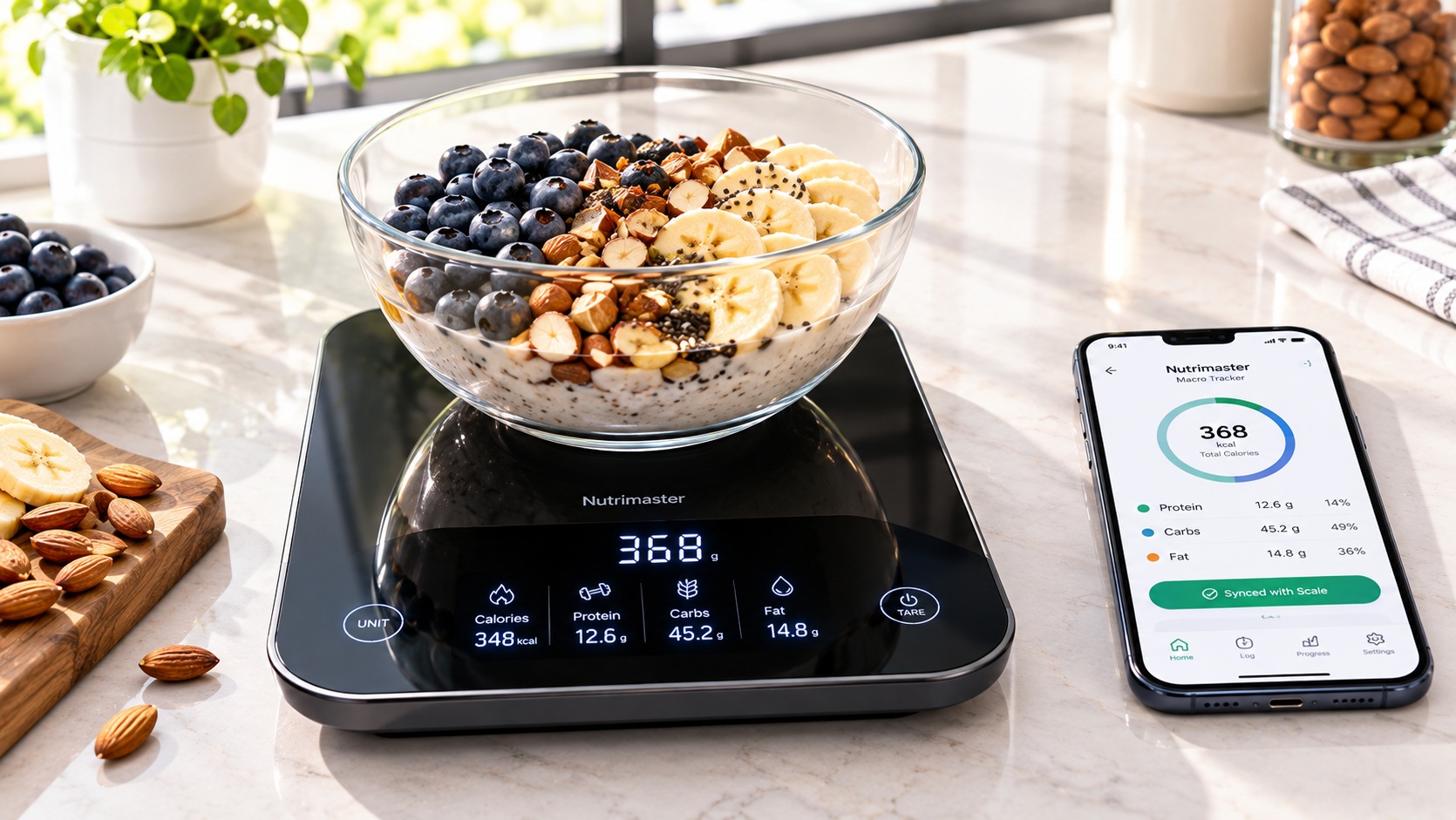 Best smart kitchen scale for weight loss tracking operating on a clean kitchen counter