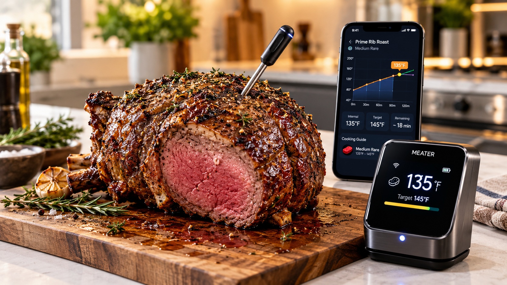 Best smart meat thermometer for juicy roasts tracking internal temperature operating on a kitchen counter