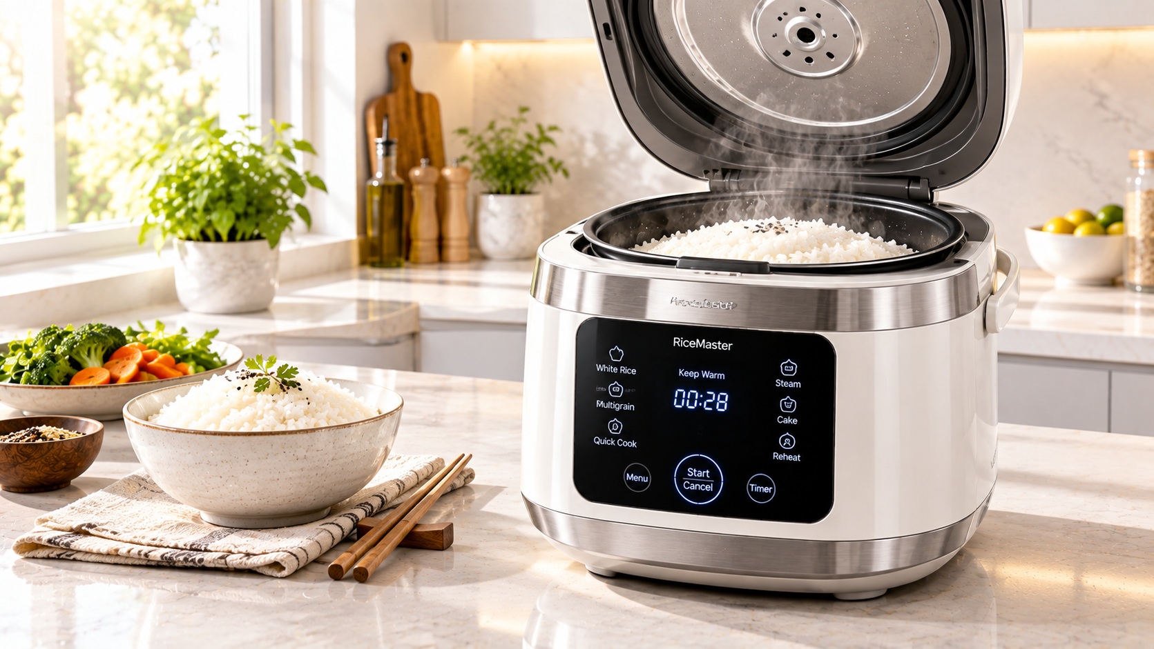 Best smart rice cooker for perfect grains operating on a clean kitchen counter