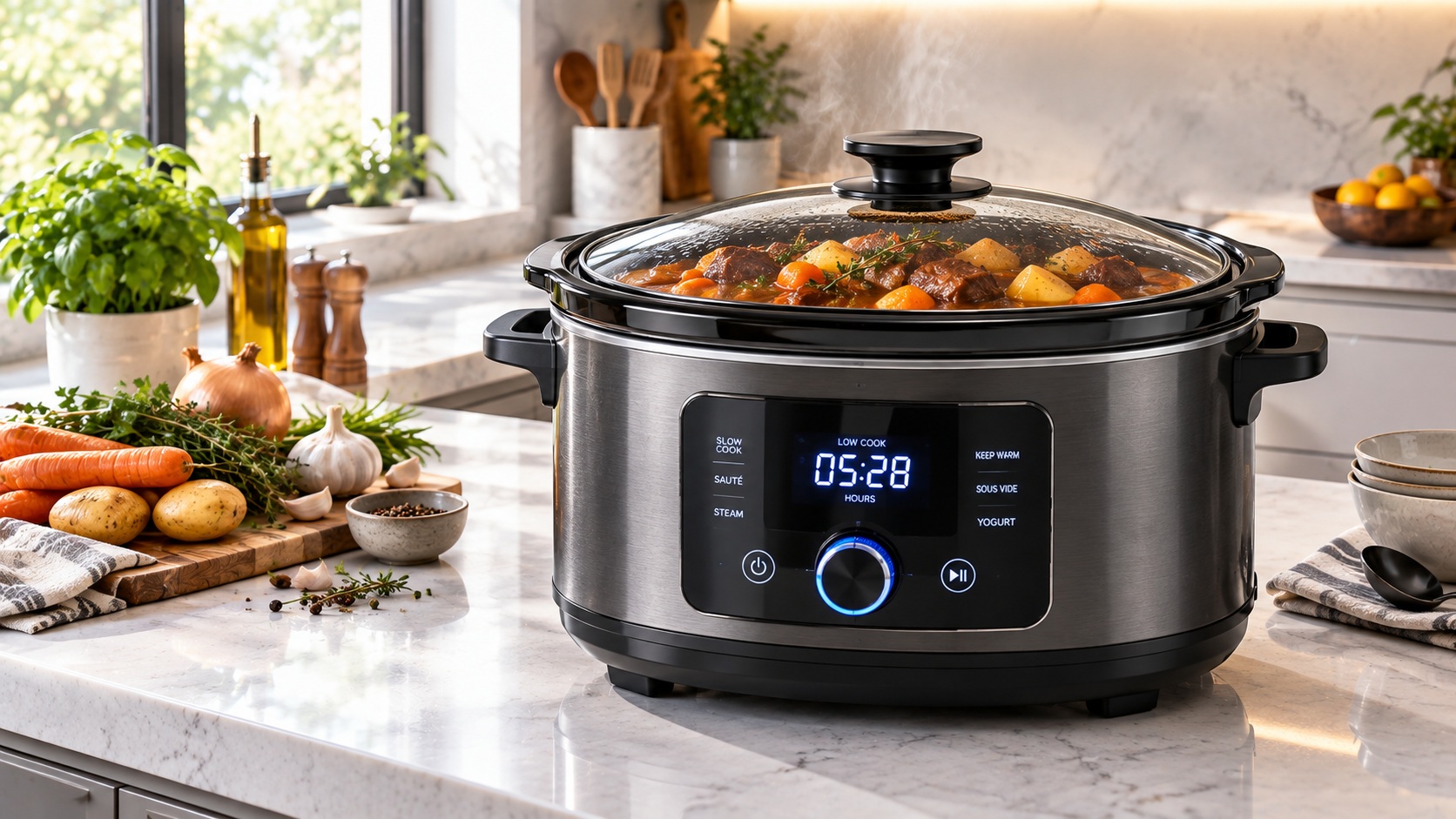 Best smart slow cooker for tender meats operating on a clean kitchen counter