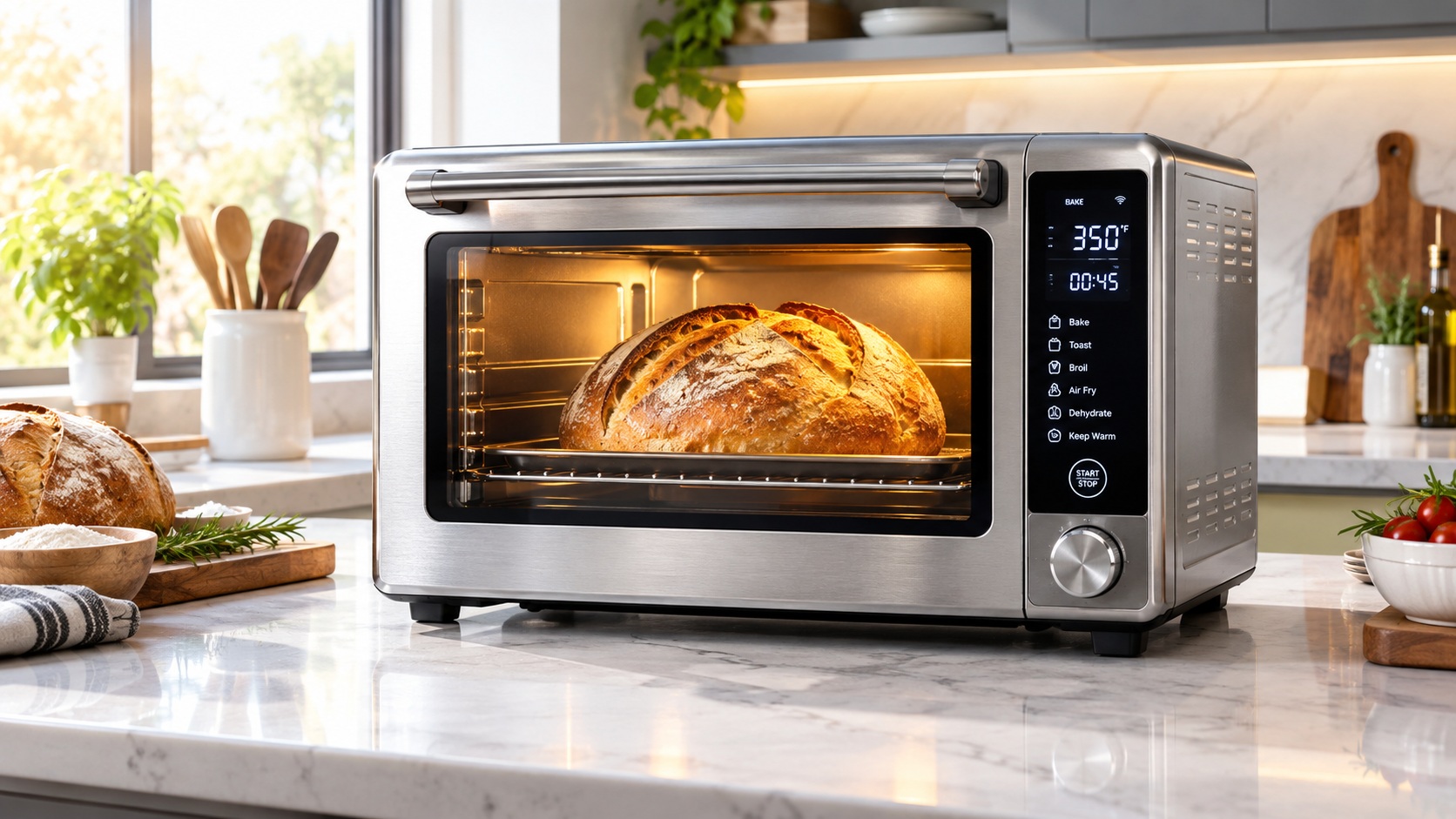 Best smart toaster oven for fast baking operating on a clean kitchen counter