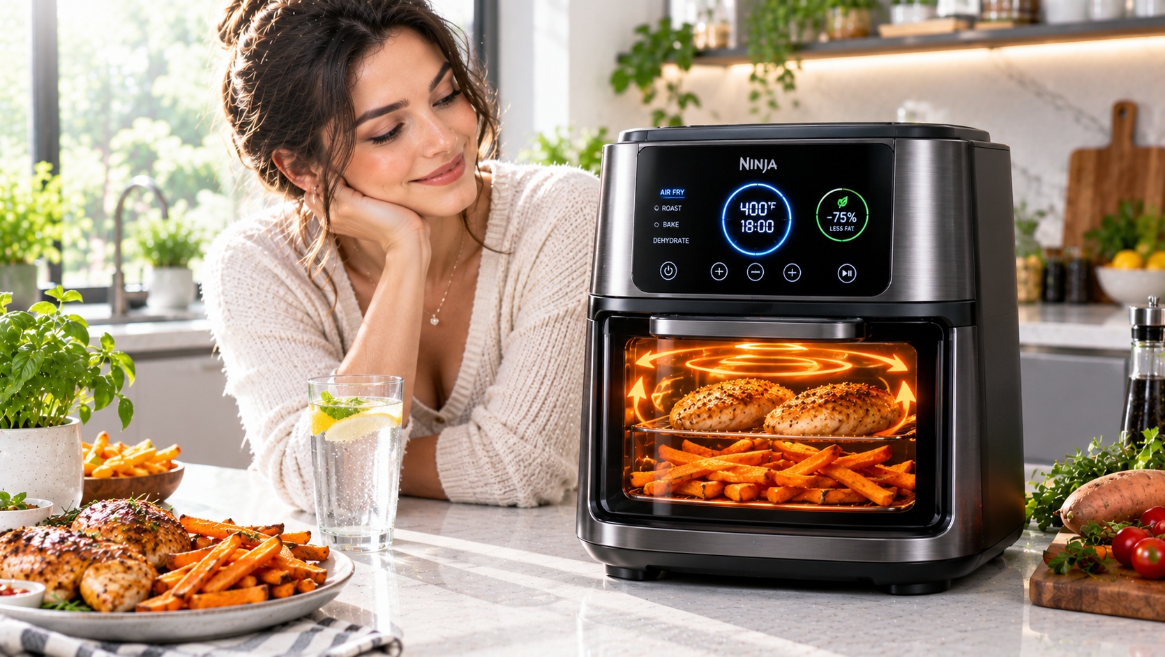 Best smart air fryer for healthy diet oil-free cooking tracking parameters operating on a clean kitchen counter