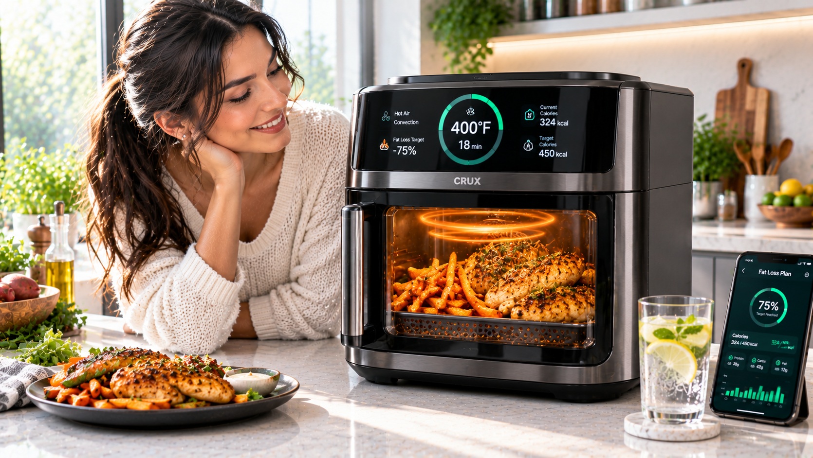 Best smart air fryer for weight loss oil-free cooking tracking parameters operating on a clean kitchen counter
