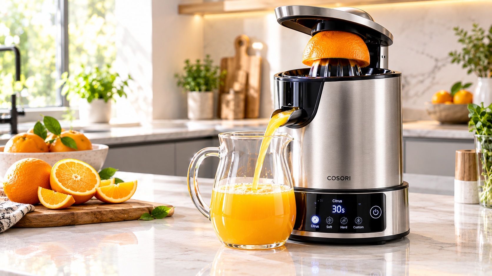 Best smart citrus juicer for fresh morning beverage brewing operating on a clean kitchen counter