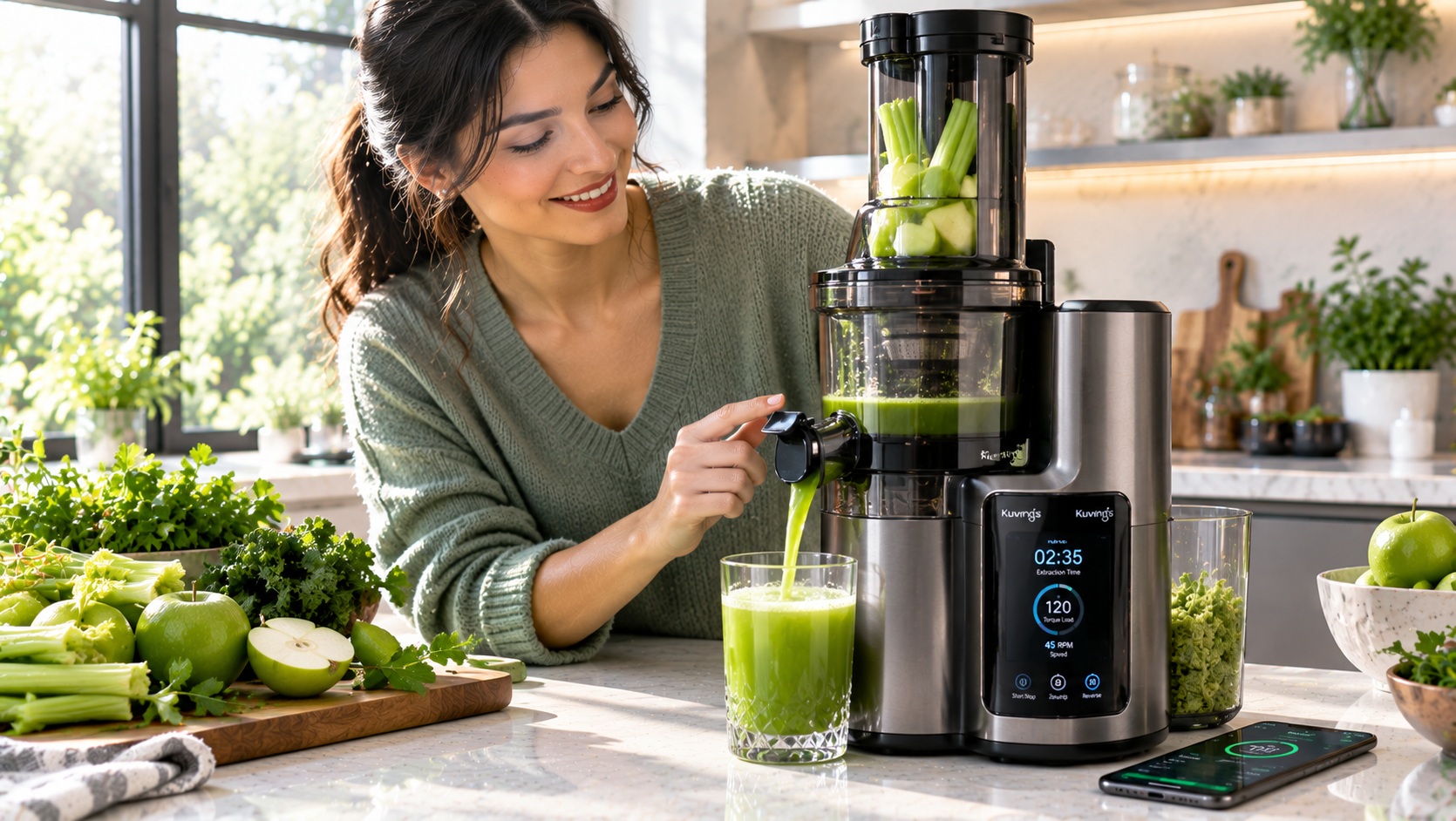 Best smart cold press juicer for daily nutrition yield tracking operation on a clean kitchen counter