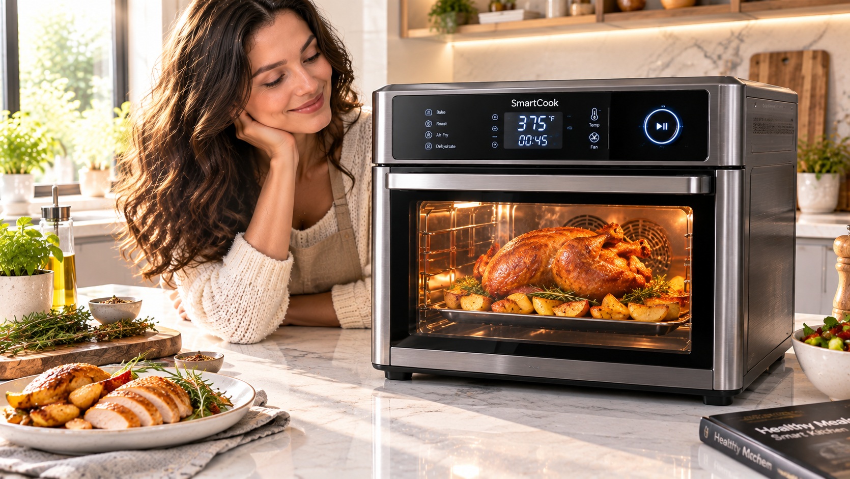 Best smart countertop oven for quick baking tracking temperature operating on a clean kitchen counter