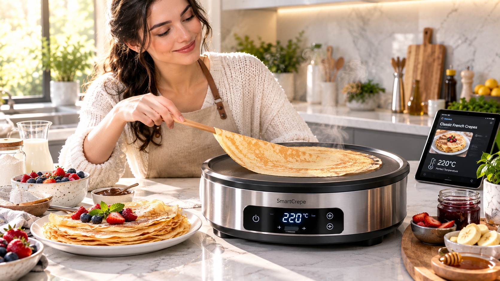 Best smart electric crepe maker for french crepes tracking baking stages operating on a clean kitchen counter