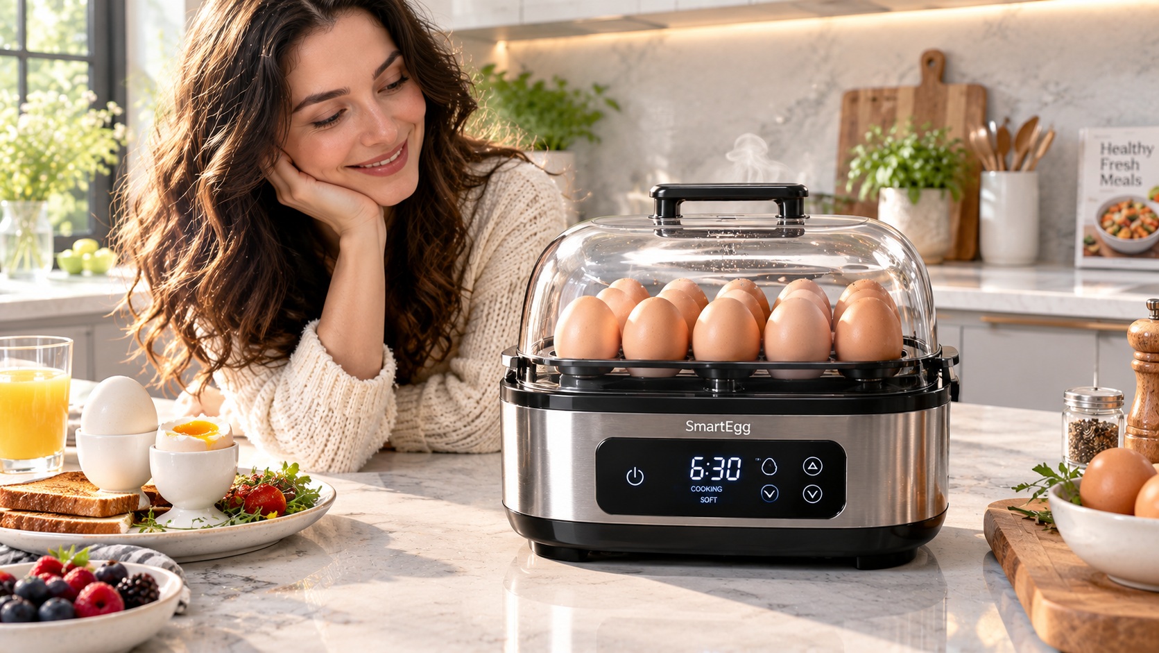 Best smart electric egg cooker for perfect eggs tracking boiling stages operating on a clean kitchen counter