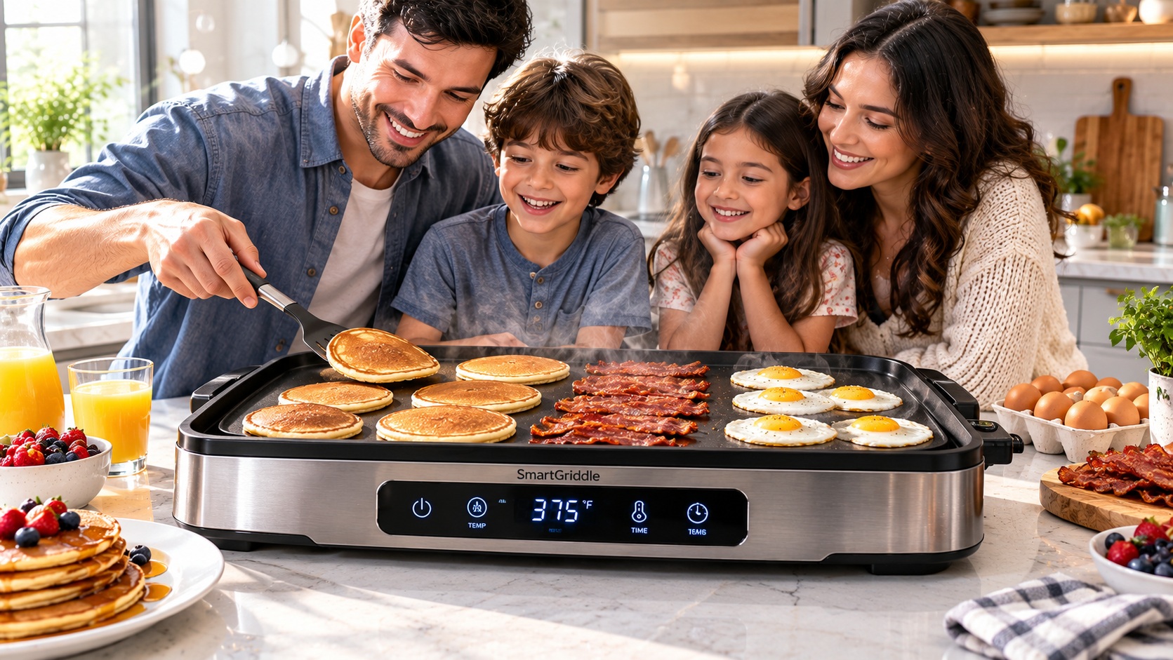 Best smart electric griddle for family breakfast cooking tracking baking stages operating on a clean kitchen counter