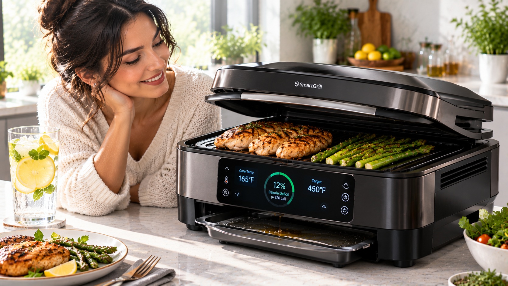 Best smart electric grill for weight loss cooking tracking fat drainage operating on a clean kitchen counter