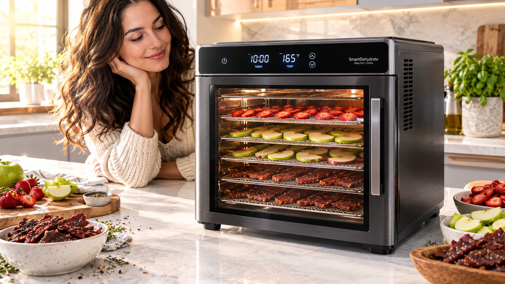 Best smart food dehydrator for healthy snacks processing operating on a clean kitchen counter