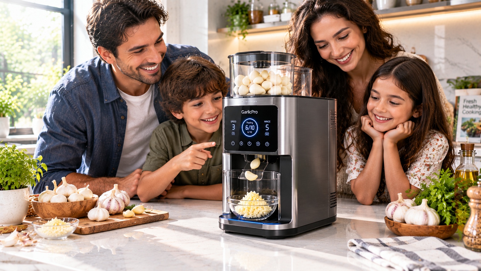 Best smart garlic prep machine for quick cooking processing tracking peeling stages operating on a clean kitchen counter