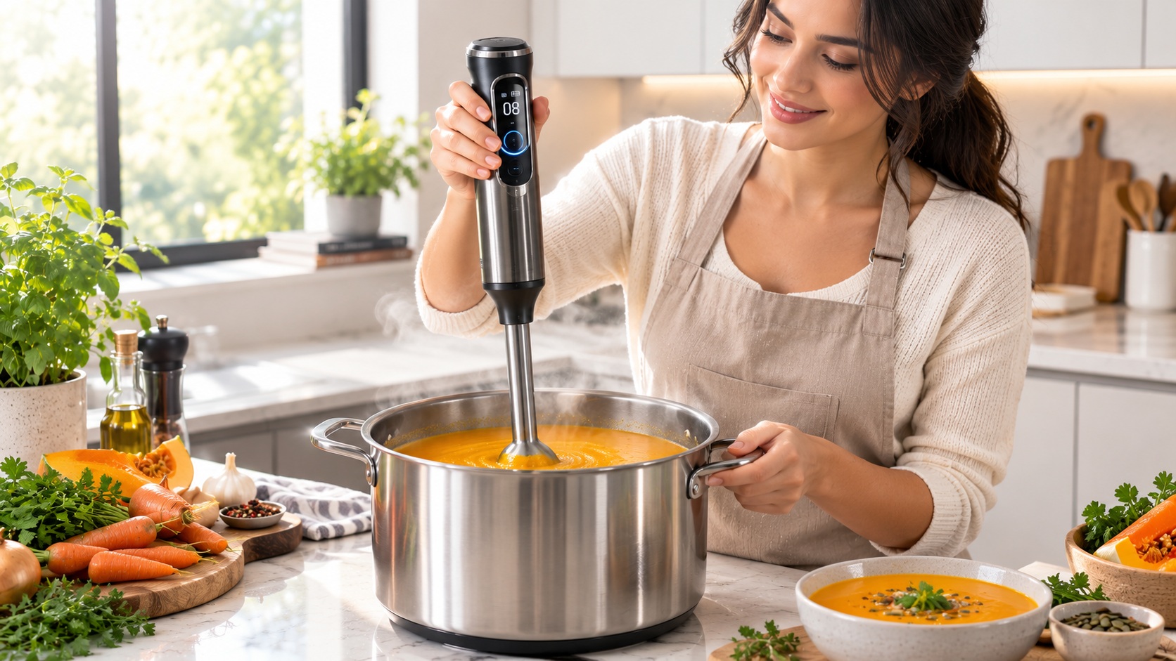 Best smart immersion blender for healthy soups pureeing vegetables operating on a clean kitchen counter