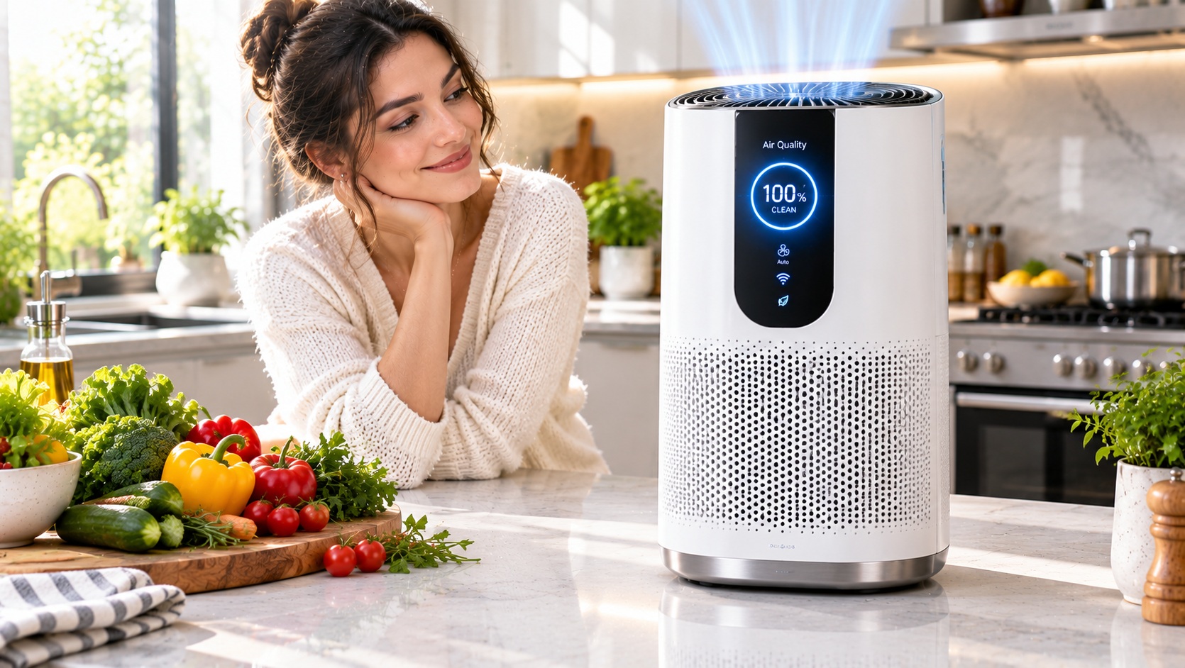 Best smart indoor air purifier for clean air tracking kitchen smoke operating on a clean kitchen counter