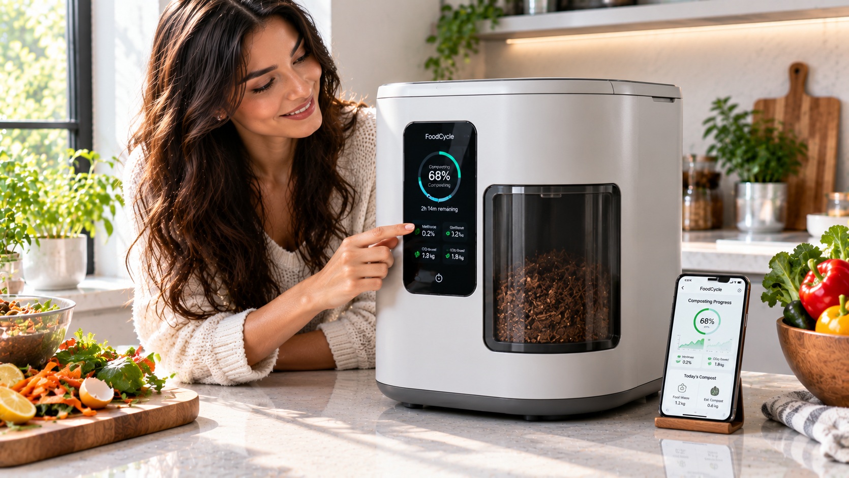 Best smart indoor composter for zero waste processing tracking cycling metrics operating on a clean kitchen counter