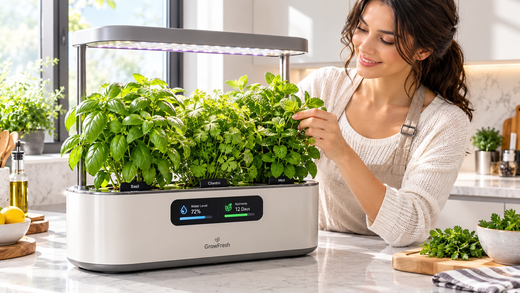 Best smart indoor garden for fresh herbs tracking hydroponic water levels operating on a clean kitchen counter