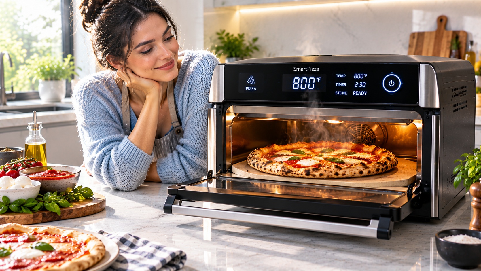 Best smart indoor pizza oven for crispy crust baking operating on a clean kitchen counter