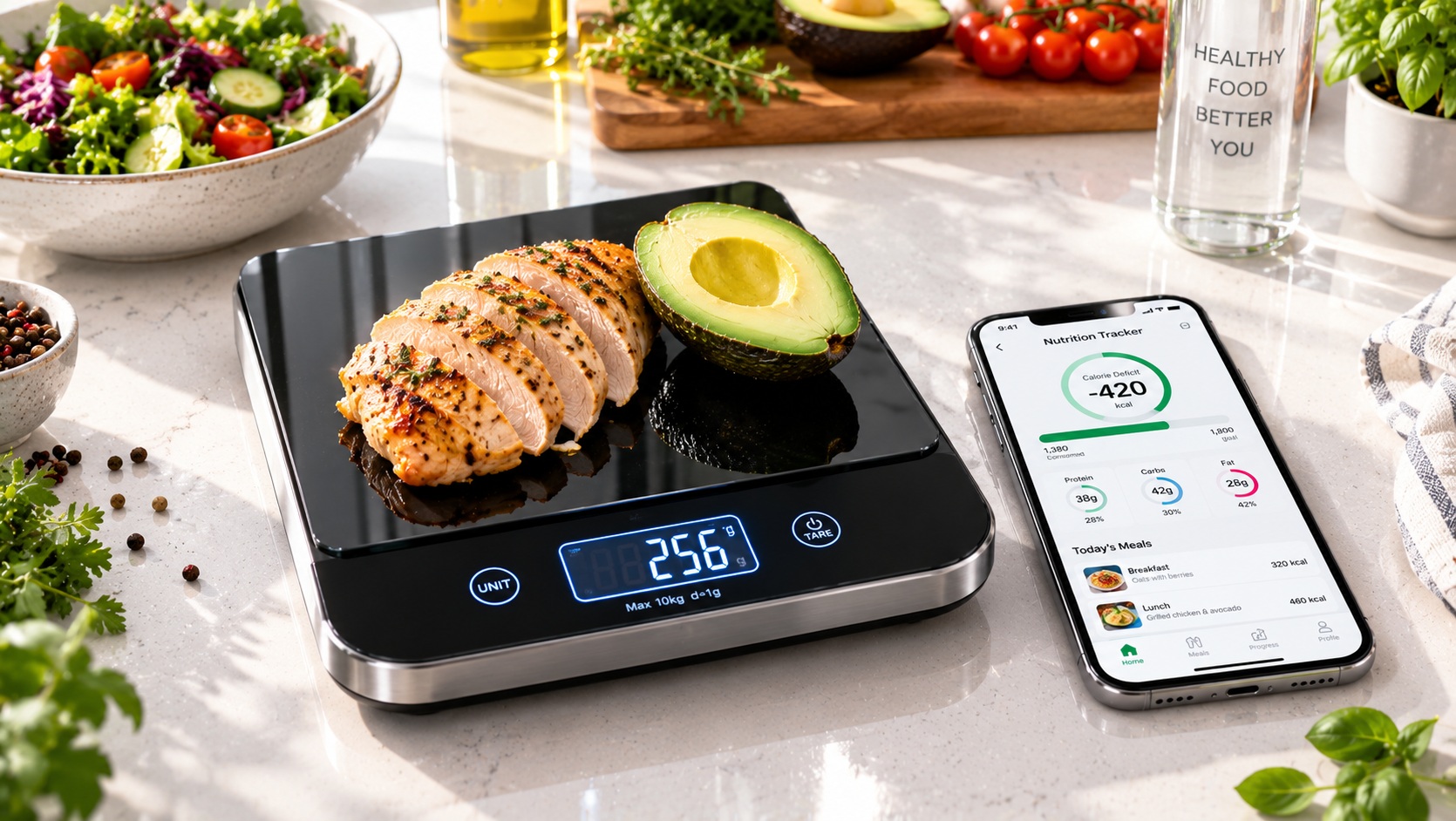 Best smart kitchen scale for weight loss diet tracking operating on a clean kitchen counter