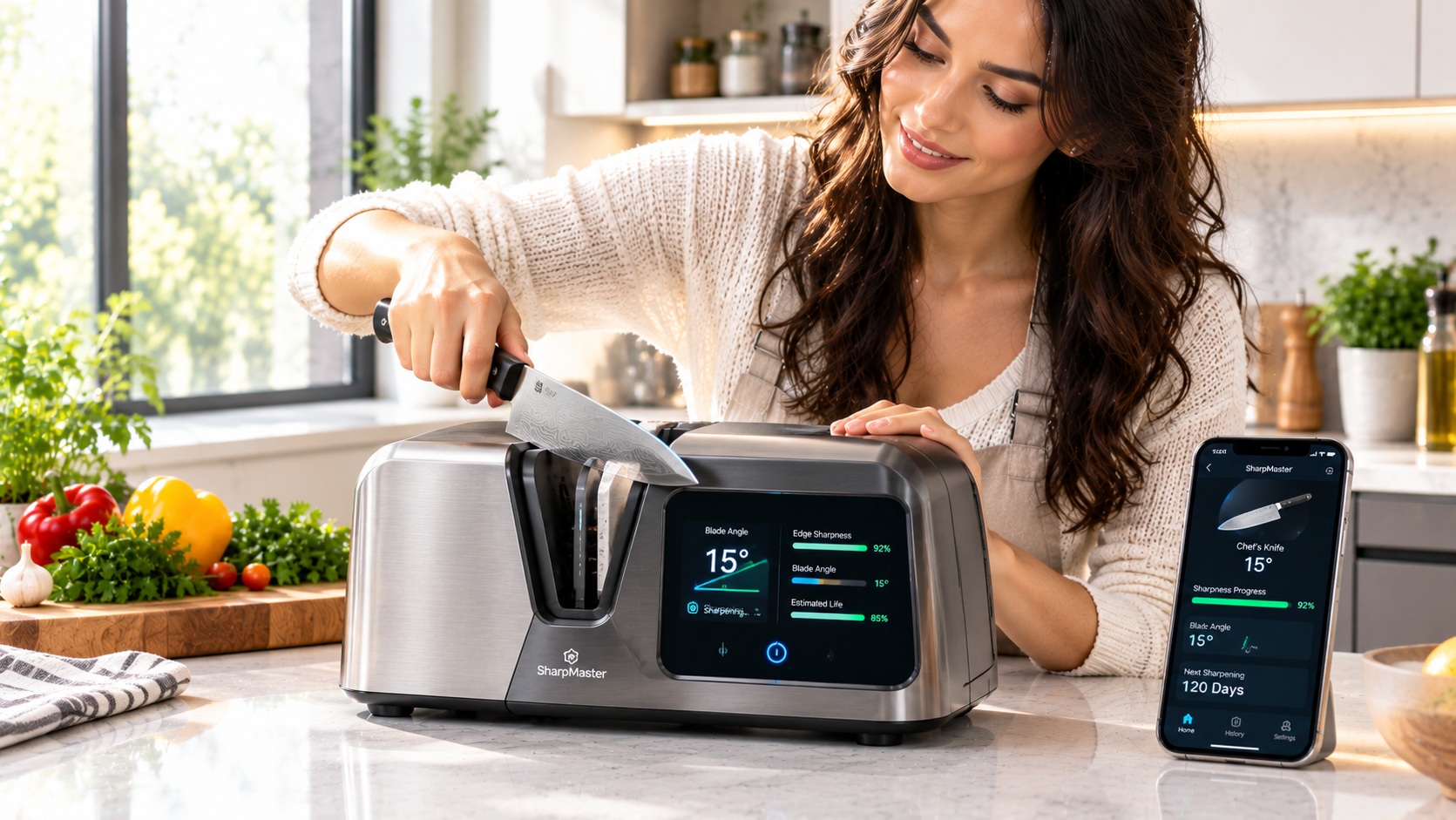 Best smart knife sharpener for sharp blades processing tracking sharpening stages operating on a clean kitchen counter