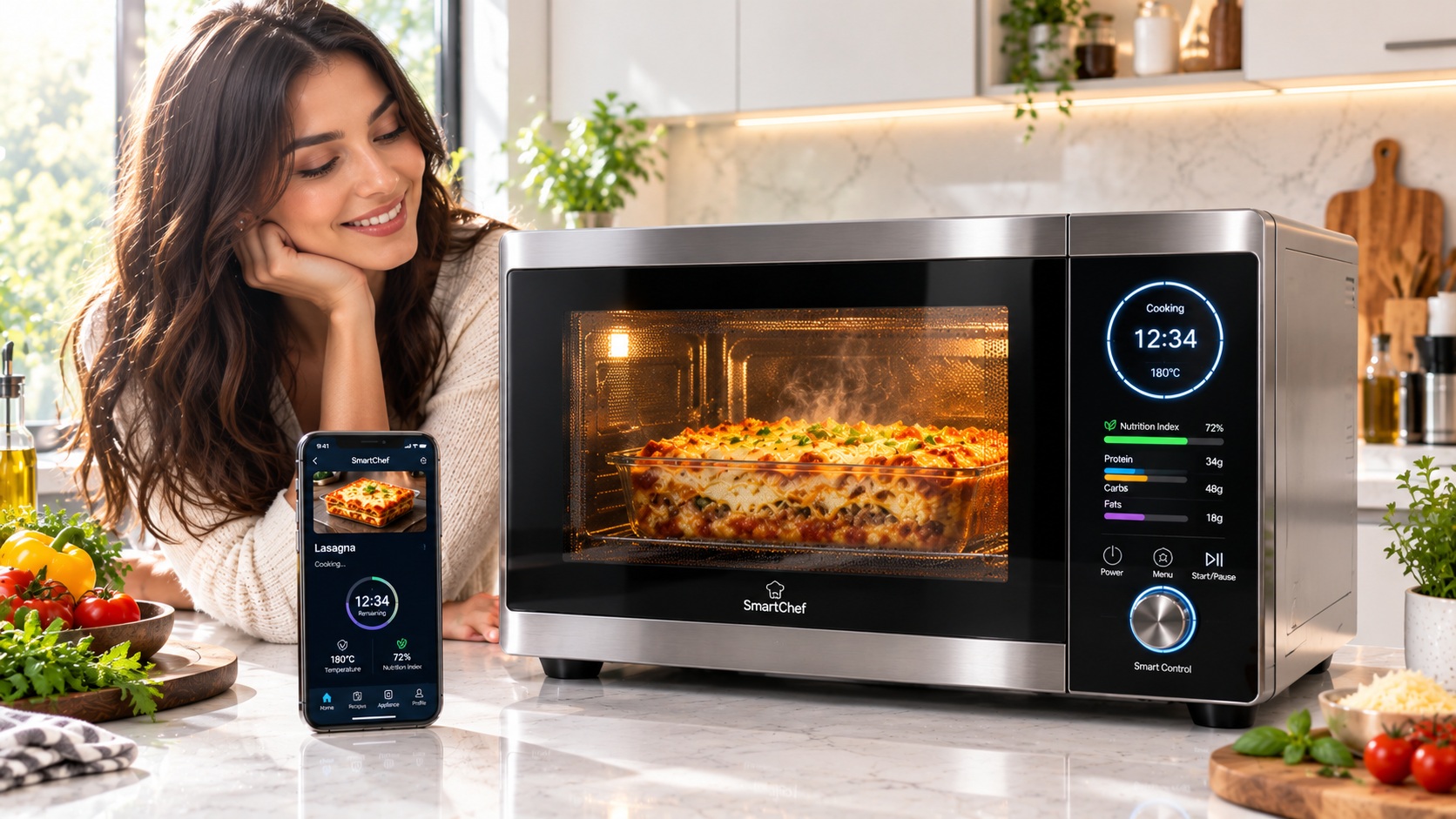Best smart microwave oven for busy people heating food tracking parameters operating on a clean kitchen counter