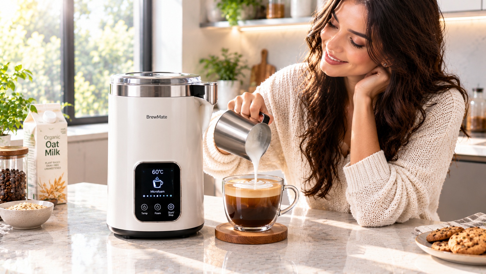 Best smart milk frother for healthy coffee microfoam texture tracking operation on a clean quartz kitchen counter