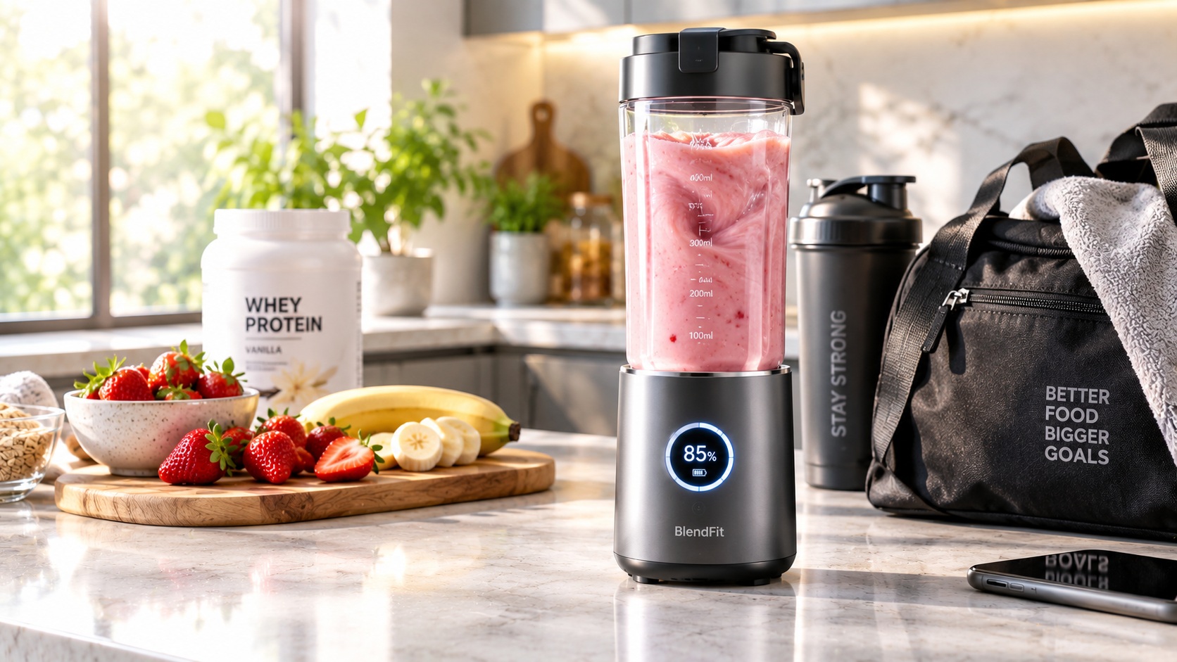 Best smart portable blender for fitness drinks tracking battery life operating on a clean kitchen counter