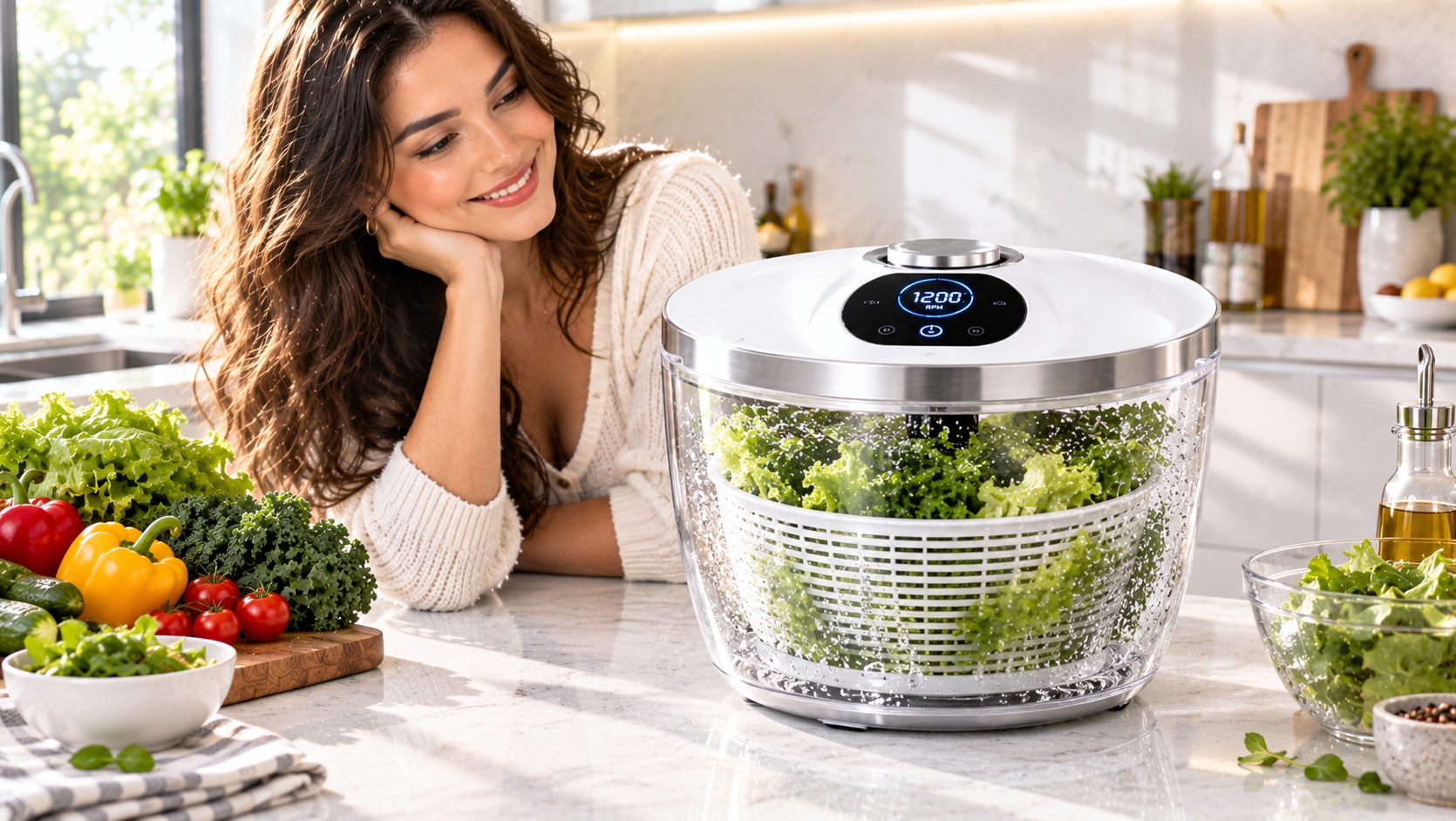 Best smart salad spinner for crunchy greens processing tracking spinning cycles operating on a clean kitchen counter