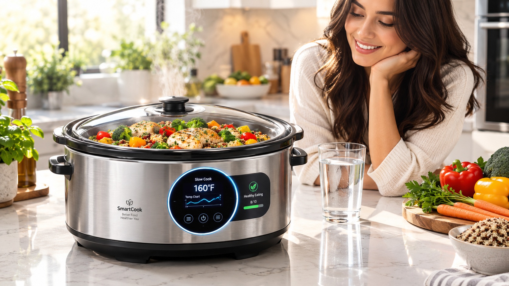 Best smart slow cooker for clean eating meal prep tracking parameters operating on a clean kitchen counter