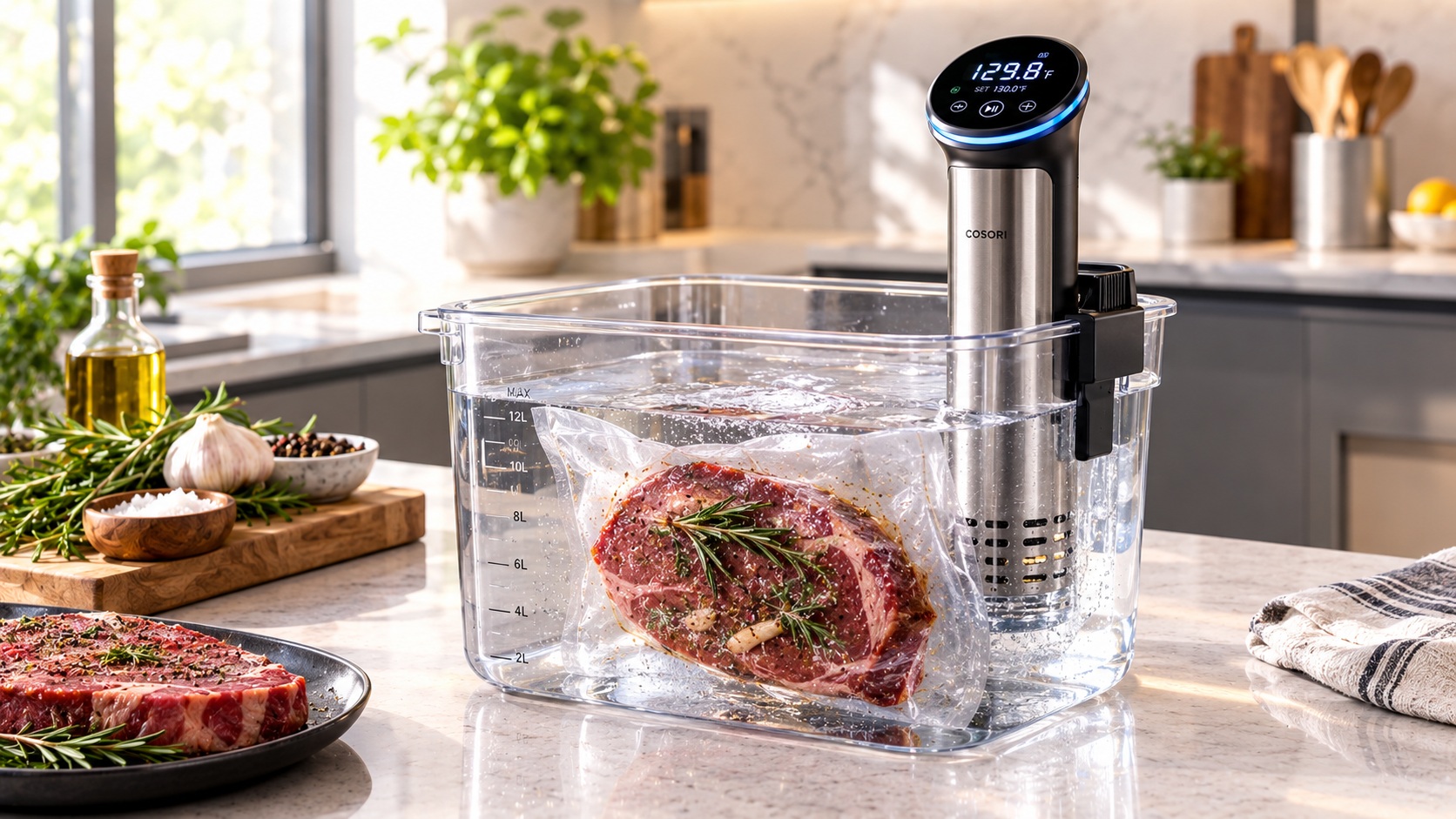 Best smart sous vide precision cooker for tender meals cooking operating on a clean kitchen counter