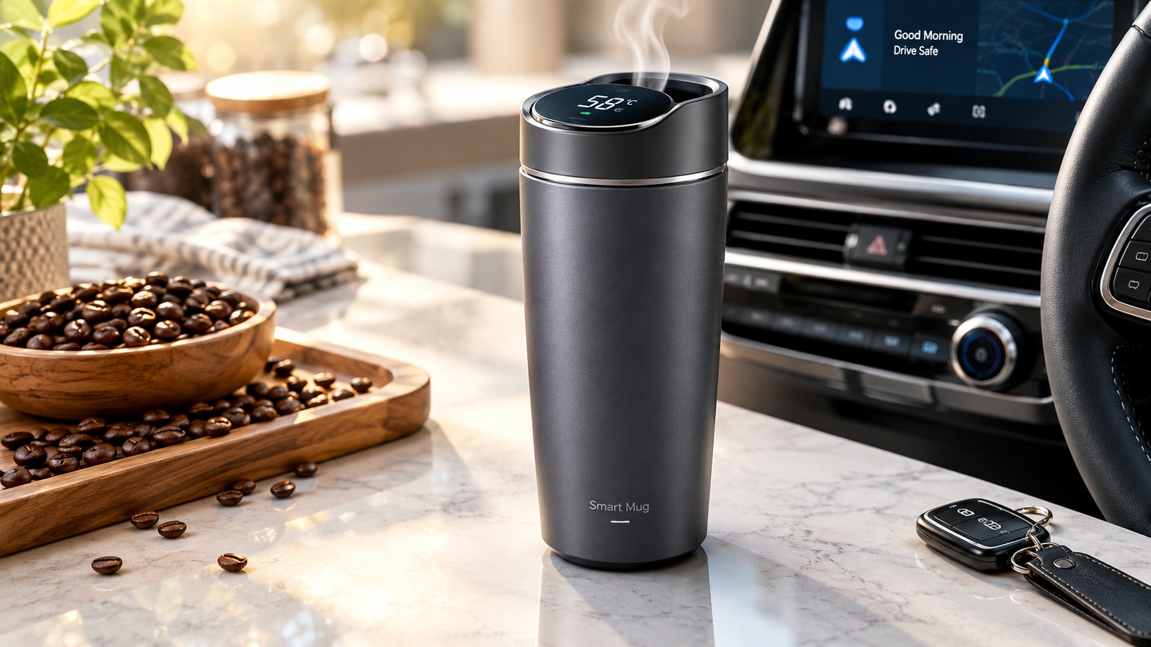 Best smart thermal travel mug for hot coffee tracking temperature operating on a clean kitchen counter