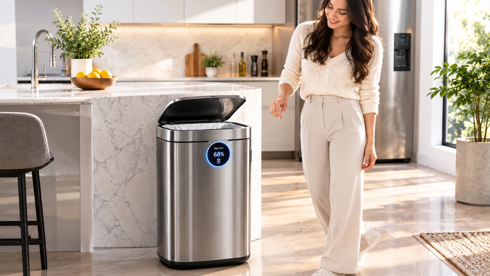Best smart trash can for kitchen waste tracking parameter operation on a clean kitchen floor