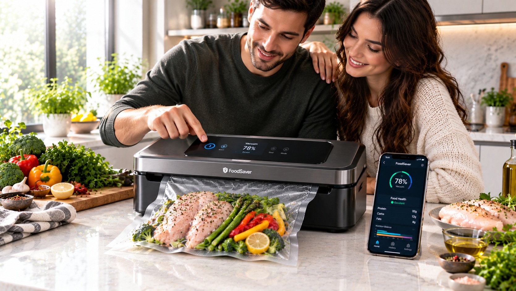 Best smart vacuum sealer for meal prep air extraction tracking operation on a clean luxury kitchen counter