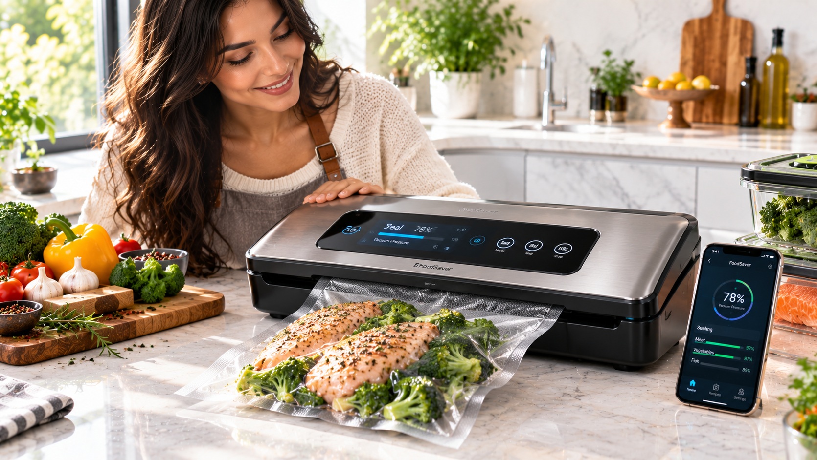 Best smart vacuum sealer for meal prep airtight food tracking operating on a clean kitchen counter