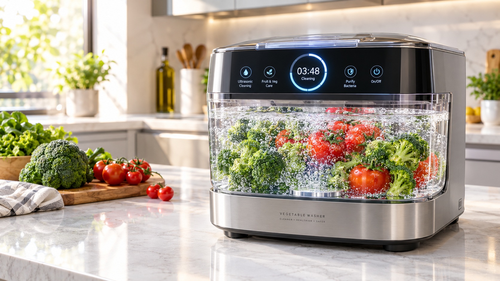 Best smart vegetable washer for clean food tracking purification operating on a clean kitchen counter