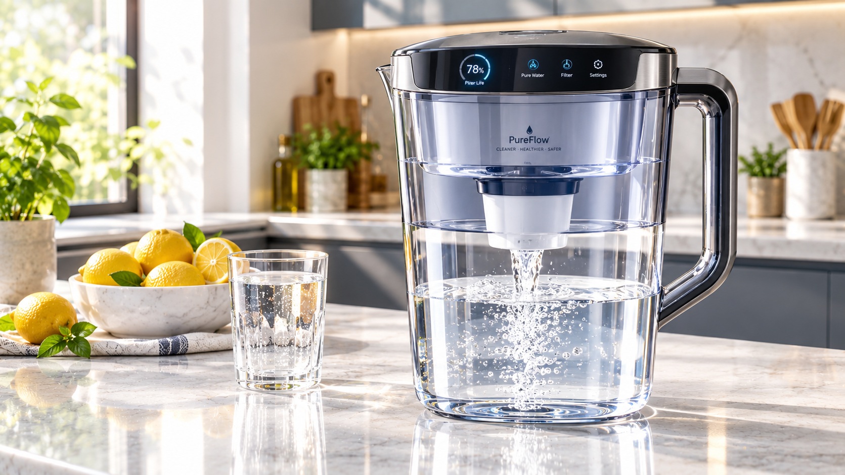 Best smart water filter pitcher for pure water tracking filtration operating on a clean kitchen counter