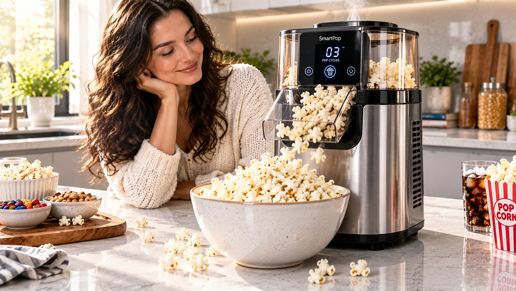 est smart popcorn maker for movie nights processing tracking pop stages operating on a clean kitchen counter